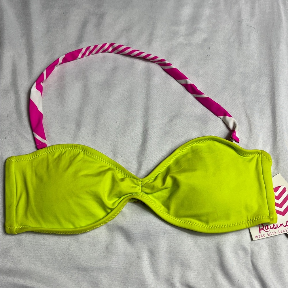 Raisins Neon Lime Green Bandeau Bikini Top Pink Strap Sz S